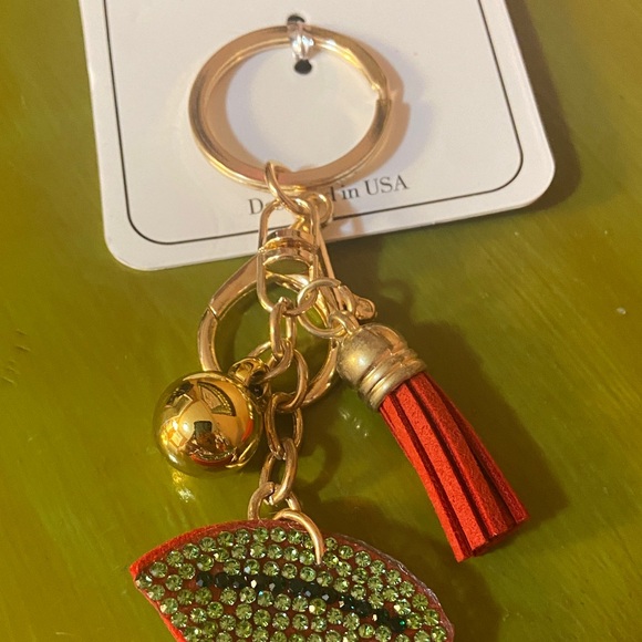 Queens Designs Sparkling Red Cherry Keychain with Green Leaves Tassel Goldtone - Picture 3 of 3